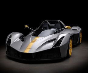 Sleek silver sports car with golden accents on display in a darkened setting