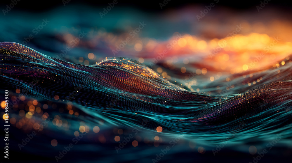 Poster abstract image of dark teal waves with golden sparkles, creating a dynamic and luxurious feel, ideal