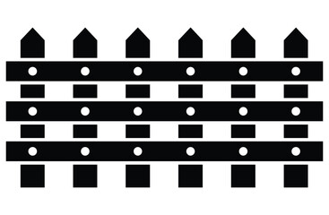 Obraz premium Stylized black wooden fence vector illustration with vertical posts, triangular peaks, and horizontal beams on white. Minimalist frontal view, clean graphic design. Symbolizes simplicity, solid