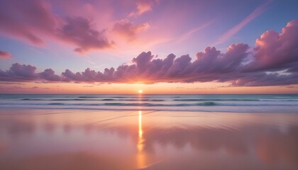 Fototapeta premium Stunning sunset paints the sky with vibrant hues, reflecting on a tranquil beach with gentle waves.