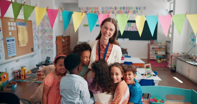 Teacher, face and hug children in classroom, school and support with growth development at academy. Education, portrait and embrace with kids, students gratitude and love for learning knowledge