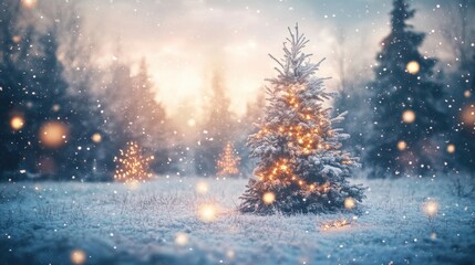 Naklejka premium Snowy Christmas scene with illuminated trees in a winter landscape. Snowflakes falling and lights glowing in a festive outdoor setting.