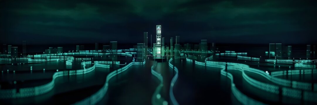 Photograph of a cityscape formed from encrypted binary stream with glowing green code &ndash; Great for digital technology, modern cities, or data-driven infrastructure.