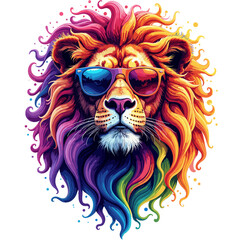Colorful lion with sunglasses and a vibrant mane on a transparent background, vector illustration