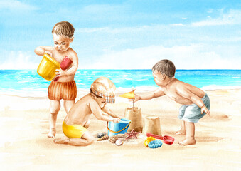 Naklejka premium Three kids playing with sand on the beach. Hand drawn watercolor illustration
