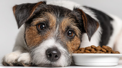 A cute Jack Russell Terrier puppy with expressive eyes rests its head near a small bowl of dry dog food against a plain white background in a studio setting.