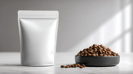 A blank white stand up pouch mockup is positioned next to a bowl filled with pet food pellets on a bright marble surface with natural window light streaming in.