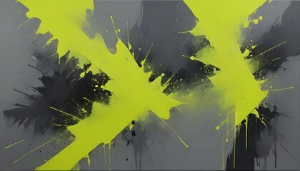 Dynamic abstract artwork featuring bold yellow paint strokes and splashes on a gray canvas.