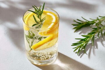 Refreshing rosemary lemonade with lemon slices and bubbles in a glass