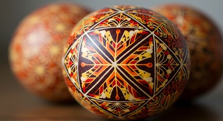 A captivating close-up showcases intricate, vibrantly painted pysanky Easter eggs with detailed designs.
