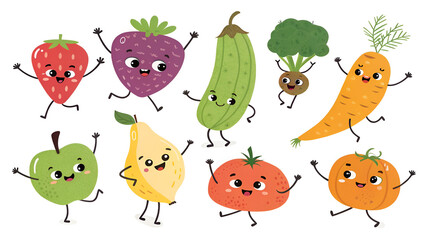 Lustiges Obst und Gemüse als Cartoon Set. vector illustration of various fruits and vegetables with cute cartoon faces. Suitable for children's books or educational material.