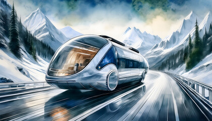 Obraz premium An artistic illustration of a futuristic bus traveling through a snowy mountainous landscape on a highway