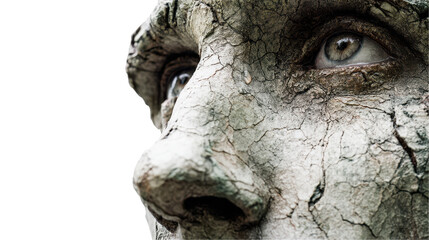 Close-up of a stone face with weathered features. transparent background