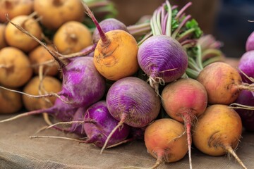 Vibrant Purple and Orange Turnips: A Fresh Autumn Harvest at a Winter Farmers Market