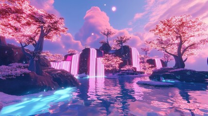 Scenic landscape with pink cherry blossom trees and glowing waterfalls reflecting in the water under a cloudy sky, creating a dreamy and surreal atmosphere.