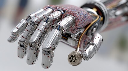 An artificial hand with exposed components.