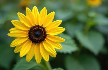 Close-up view of yellow sunflower blooming on green background. Sunny day floral arrangement, petals. Perfect for spring summer themed projects, eco, organic concepts. Nature background.