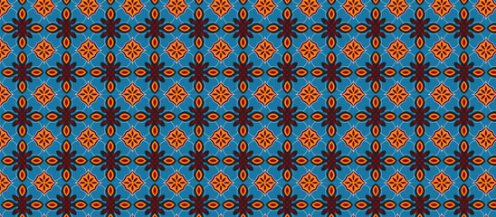  intricate Mosaic  repeating floral pattern with symmetrical orange-red and dark brown motifs on a light teal-turquoise background