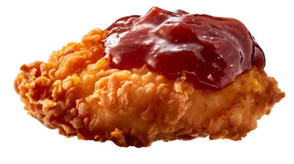 Close up shot of a fried chicken piece topped with a generous serving of red sauce