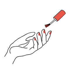 The lady does a manicure, paints her nails with varnish. Silhouette of female hands in a modern one line style. Solid line, aesthetic outline for decor, posters, stickers, logo. Vector illustration.