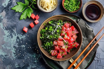 asian tuna tartare dish featuring raw bluefin tuna with tamari soy and seaweed arranged in clean minimal layout for food photography