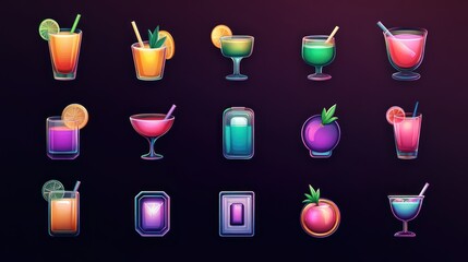 Colorful assortment of stylized drinks in various shapes and hues.