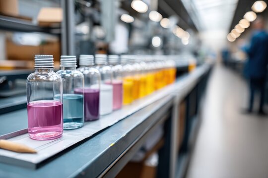 Vibrant production line of colorful car care products in a bright factory setting