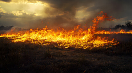 Fototapeta premium un incendio sobre un campo pasto quemado con fuego ardiente y llamas desastre natural y forestal