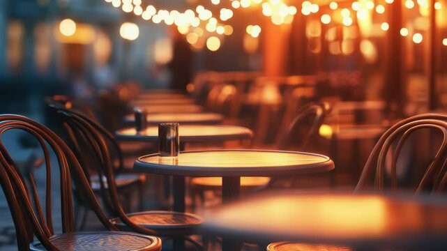 A row of tables and chairs set up on a sidewalk for an outdoor cafe or event