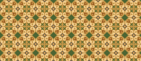  intricate geometric tile pattern with symmetrical floral motifs in muted orange-red, olive green, and dark gray-brown tones