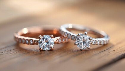 Close-up of elegant diamond rings. Gold and silver jewelry design. Engagement rings with gemstones on wooden surface. Perfect for wedding, bridal, love celebration, gift.