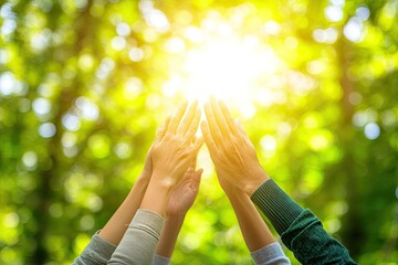 Hands reaching towards the sun, amidst lush greenery. Several pairs of hands join together, a symbol of unity and shared aspiration