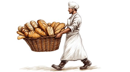 A baker carries a large basket of freshly baked loaves.