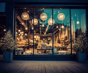 Charming shop window decorated with lights and festive decor during evening hours