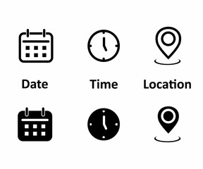  Date, time, location address icon set. Clock, calendar, location, reminder, adress symbols business sign stock illustration