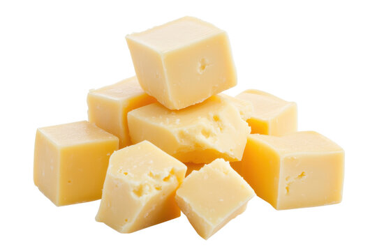 A close up shot of a pile of cheese cubes on a black background in a well lit studio setting
