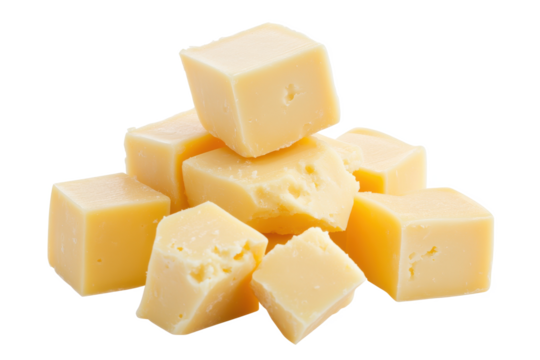 A close up shot of a pile of cheese cubes on a black background in a well lit studio setting