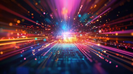 AI word on microchip and colorful light spread with strong beam , AI concept with copyspace banner background, Generative AI.