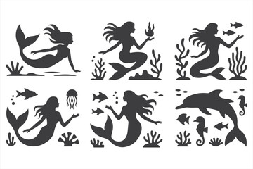 Ocean and Fantasy Silhouettes with Mermaids, Sea Creatures, and Pirate Ship for Creative Art