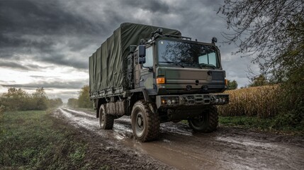 Obraz premium A rugged military transport vehicle moves carefully along a muddy dirt road surrounded by fields and trees. The sky is overcast, typical of late afternoon weather