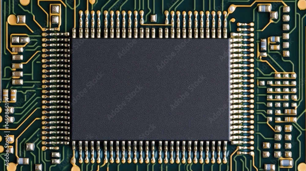 Poster close up of a computer chip on a circuit board ideal for technology and electronics concepts