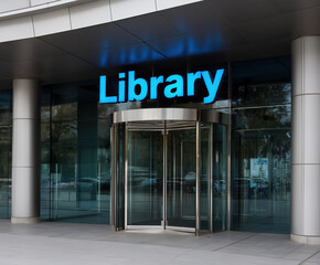 Modern library entrance with glass doors and bright signage during the daytime