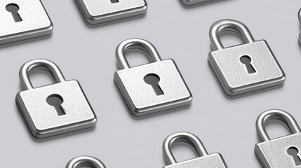Secure metallic padlocks arranged in pattern on light background, symbolizing safety and protection. These locks represent cybersecurity and data security in modern context