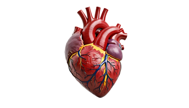 Detailed anatomical model of the human heart against a black background, showcasing its intricacies.