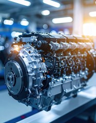 Obraz premium Powerful industrial engine in a factory setting with dynamic lighting