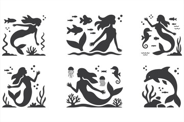 Magical Ocean Creatures: Mermaids, Pirate Ship, and Sea Life in Black Silhouette
