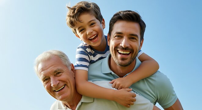 Three Generations Smiling Outdoors on a Sunny Day