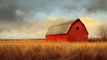 Fototapeta premium Rustic red barn in a golden field under a dramatic sky.