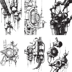 Mechanism set, retro, vintage, steampunk, decorative elements. Ideal design for social media, cover, banner, flyer, music, ads.