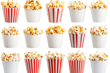 Arrangement of popcorn in white and red striped cups against a white background isolated image